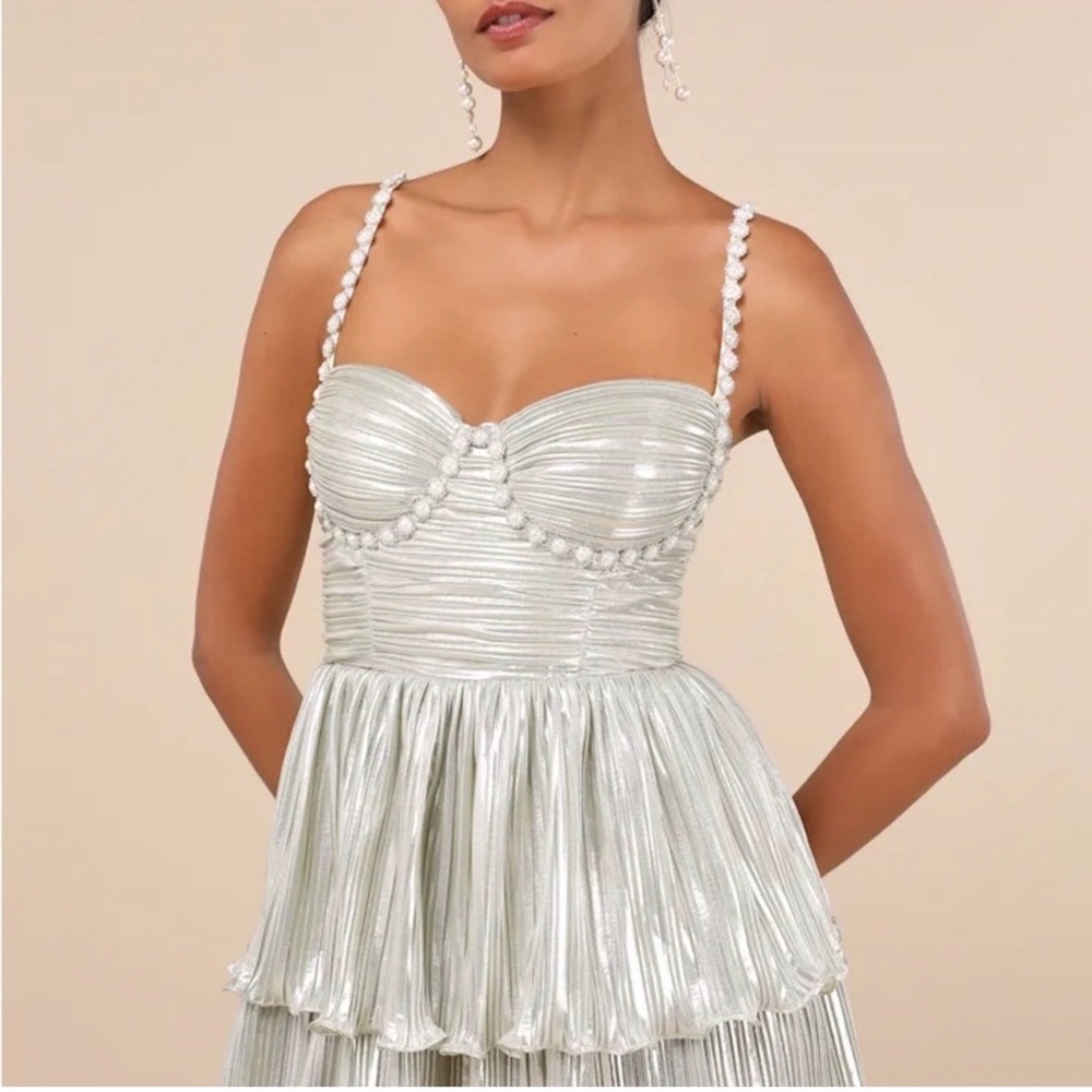 Lulu's Metallic Silver Pleated Bustier Mini Dress with Pearl-Strap Detail